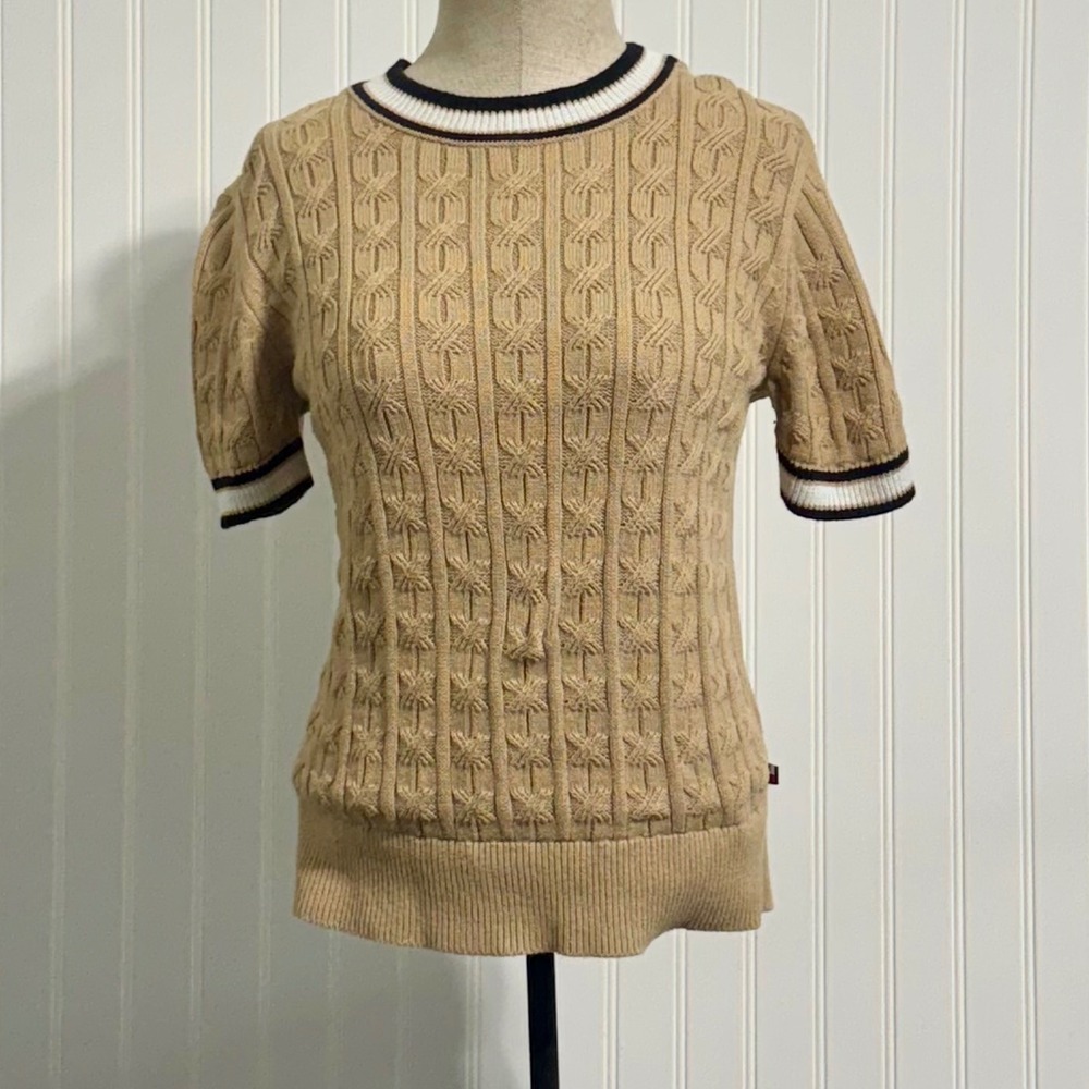 Tommy‎ Hilfiger Medium Camel Cable Knit Sweater Short Sleeve Striped Trim Preppy